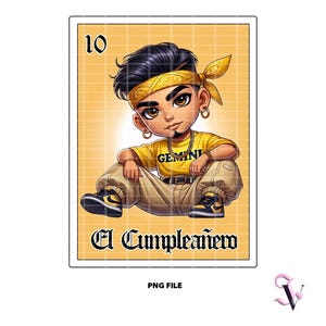 Karta loterii El Cumpleañero Chicano Zodiac PNG Horoskop Chibi Style Latino Design do sublimacji | Pobieranie cyfrowe