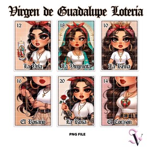Virgen de Guadalupe Loteria PNG Día de la Madre Old School Chola Chibi Style Diseño Latino para Sublimación / Descarga Digital