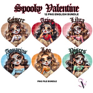 Spooky Valentine Chicana PNG English Bundle Zodiac Día de los Muertos Old School Chola Latina Design pour sublimation | Téléchargement numérique