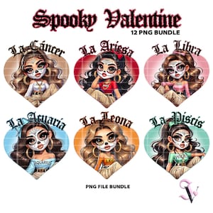 Spooky Valentine Chicana PNG Bundle Zodiac Día de los Muertos Old School Chola Chibi Style Latina Design for Sublimation | Digital Download