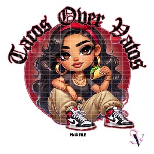 Tacos sobre Vatos Chicana Valentine PNG Old School Chola Chibi Style Diseño latino para sublimación / descarga digital