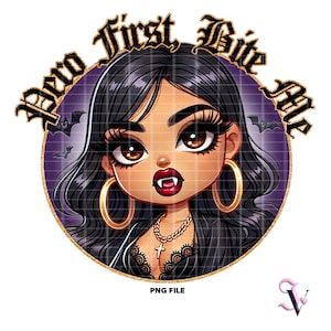 Pero First Bite Me Chicana Halloween PNG Old School Chola Chibi Style Diseño latino para sublimación / descarga digital