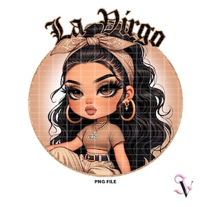 La Vierge, zodiaque Chicana PNG, Horoscope Old School Chola Chibi Style Latina Design pour Sublimation | Téléchargement numérique