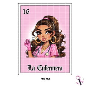 La Enfermera Loteria Card Chicana Nurse PNG Old School Chola Chibi Style Latina Design for Sublimation | Digital Download