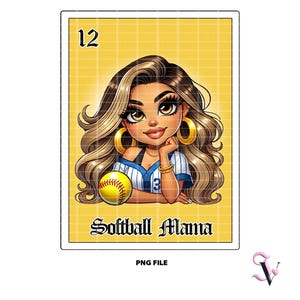 Softball Mama Loteria Card Chicana PNG Fête des Mères Style Old School Chola Chibi Design Latina pour Sublimation | Téléchargement numérique