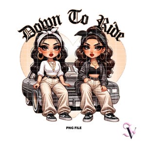 Chicana Lowrider PNG de Down to Ride, estilo chola chibi de la vieja escuela, diseño latino para sublimación/descarga digital