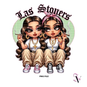 Las Stoners Chicana PNG Mejores amigas 4/20 Estilo Chola Chibi de la vieja escuela Diseño latino para sublimación / descarga digital