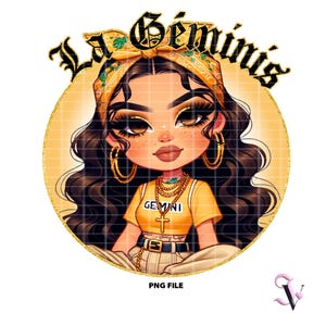 La Geminis Chicana Zodiac PNG Horoscope Old School Chola Chibi Style Latina Design for Sublimation | Digital Download