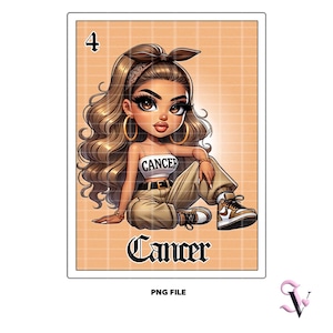 Cancer Loteria Card Chicana Zodiac PNG Horoscope Old School Chola Chibi Style Latina Design pour Sublimation | Téléchargement numérique