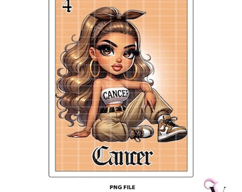Carta della Lotteria del Cancro: Design Chibi dello Zodiaco Chicana (Download digitale PNG)