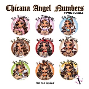 Chicana Angel Numbers PNG Bundle ange bébé Old School Chola Chibi Style Latina Design pour sublimation | Téléchargement numérique