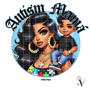 Autismo Mamma Chicana PNG Festa della mamma Vecchia scuola Chola Chibi Stile Latina Design per Sublimazione / Download Digitale