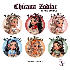 Horoscopes Chicanas PNG Bundle Zodiac Chola Old School Style Chibi Design Latina pour sublimation | Téléchargement numérique