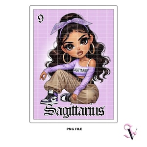 Boogschutter Loteria-kaart Chicana Zodiac PNG-horoscoop Old School Chola Chibi-stijl Latina-ontwerp voor sublimatie | Digitale download