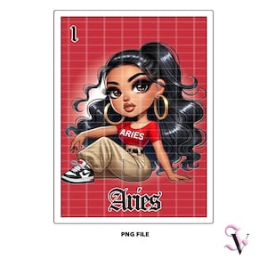 Carte Loteria du Bélier, Zodiaque Chicana PNG Horoscope Chola Old School de style Chibi, Design Latina pour sublimation | Téléchargement numérique