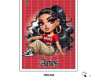 Carta Loteria Ariete PNG: Design Chibi dello Zodiaco Chicana (Download Digitale)