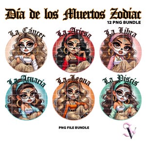 Día de los Muertos Zodiac PNG Bundle Chicana Halloween  La Catrina Chibi Style Latina Design for Sublimation | Digital Download