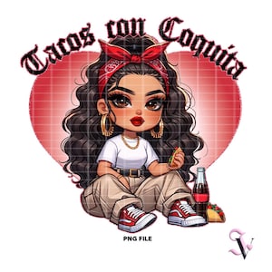 Tacos Con Coquita Chicana PNG Cinco De Mayo Old School Chola Chibi-stijl Latina-ontwerp voor sublimatie | Digitale download