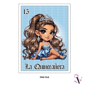 Carte Mis Quince Años Lotería Chicana PNG Quinceañera Mis XV Años Latina Chibi Style Latina Design for Sublimation | Téléchargement numérique