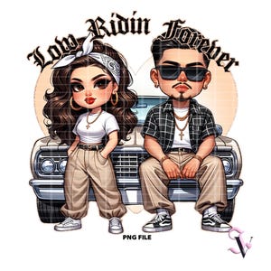 Chicana Valentine PNG Lowrider Chicano Couple Old School Chola Chibi Style Latina Design pour Sublimation | Téléchargement numérique