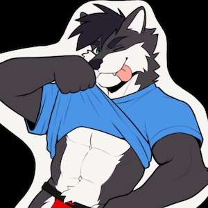 May include: A cartoon wolf wearing a blue t-shirt and red underwear. The wolf is winking and sticking out its tongue.