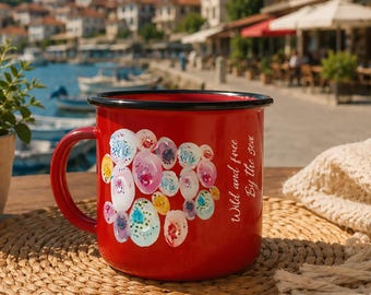 Red Enamel Art Mug: Vintage, Farmhouse Drinkware, Camping Cup