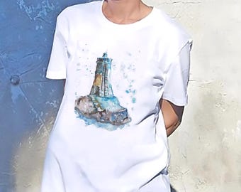 Organic Cotton T-shirt Dress with Original  Lighthouse Art: Oversized Tunic & Seaside Dress for Her