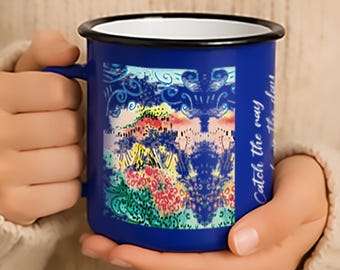Modern Blue Enamel Cup. Hand Painted Artsy Design. Colorful Coffee Mug.