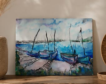 Nautical Blue Boats Watercolor Framed Canvas Print. Navy Coastal Wall Art. Beach-themed Home Decorations.