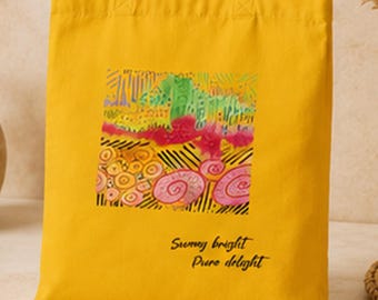 Artist Designed Tote Bag – Original Hand-Drawn Summer Artwork, Yellow Cotton Canvas Bag, Beach Gift for Her