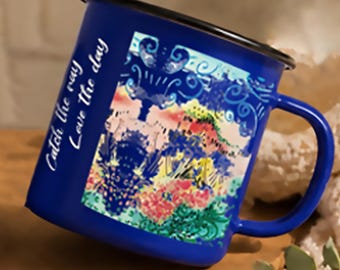 Lightweight Enamel Coffee Mug. Colorful Art Cup, Modern Blue Decor. Gift for Coffee Lovers