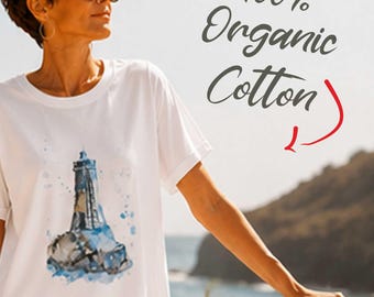 Organic Cotton Coastal T-Shirt Dress for Women. Lighthouse Art Print. Beach Gift, Nautical Style