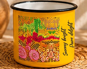 Yellow Enamel Camping Mug – Original Abstract Summer Artwork, Coastal Coffee Cup