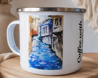 Street Art Illustrated Camping Cup. Urban Decor. Rustic Enamel Mug