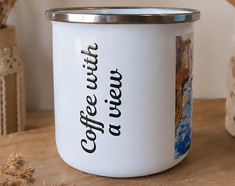 Rustic Enamel Camping Mug. Watercolor Street Art Illustration. Travel Lover Gift