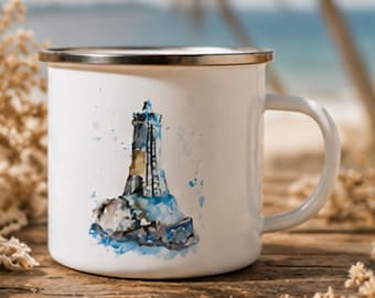 Lighthouse Ocean Therapy Artistic Enamel Camping Mug – Original Hand-Drawn Illustration