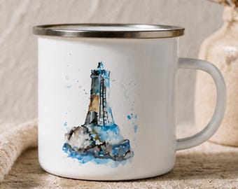 Artistic Enamel Camping Mug – Original Hand-Drawn Lighthouse Illustration