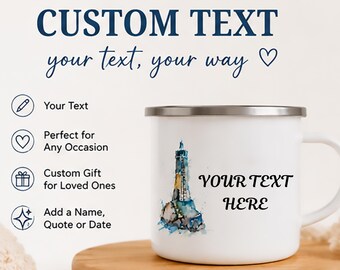 Coastal Custom Made Camping Mug. Fast Custom Cup. Personalized Text Enamel Tumbler. Lighthouse Design