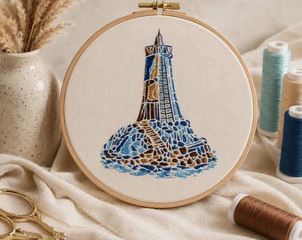 Mosaic Lighthouse Machine Embroidery Design. Nautical Needlework Files. Ocean Lighthouse Pattern