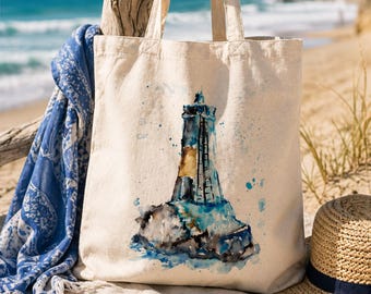 Lighthouse Watercolor Tote Bag, Coastal Canvas Beach Bag, Seaside Art Shopper