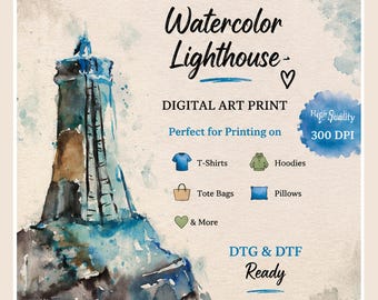 Lighthouse Watercolor Sublimation Design, Transparent PNG Clipart, Coastal Craft Download – Instant Download