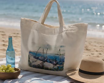 Blue Boats Aesthetic Tote Art. Oversized Canvas Beach Bag.  Inside Zipper Pocket Bag.