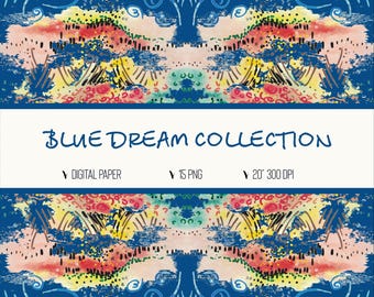 Watercolor Blue Splash Pattern Design. Craft Supply PNG. Texture Clip Art.