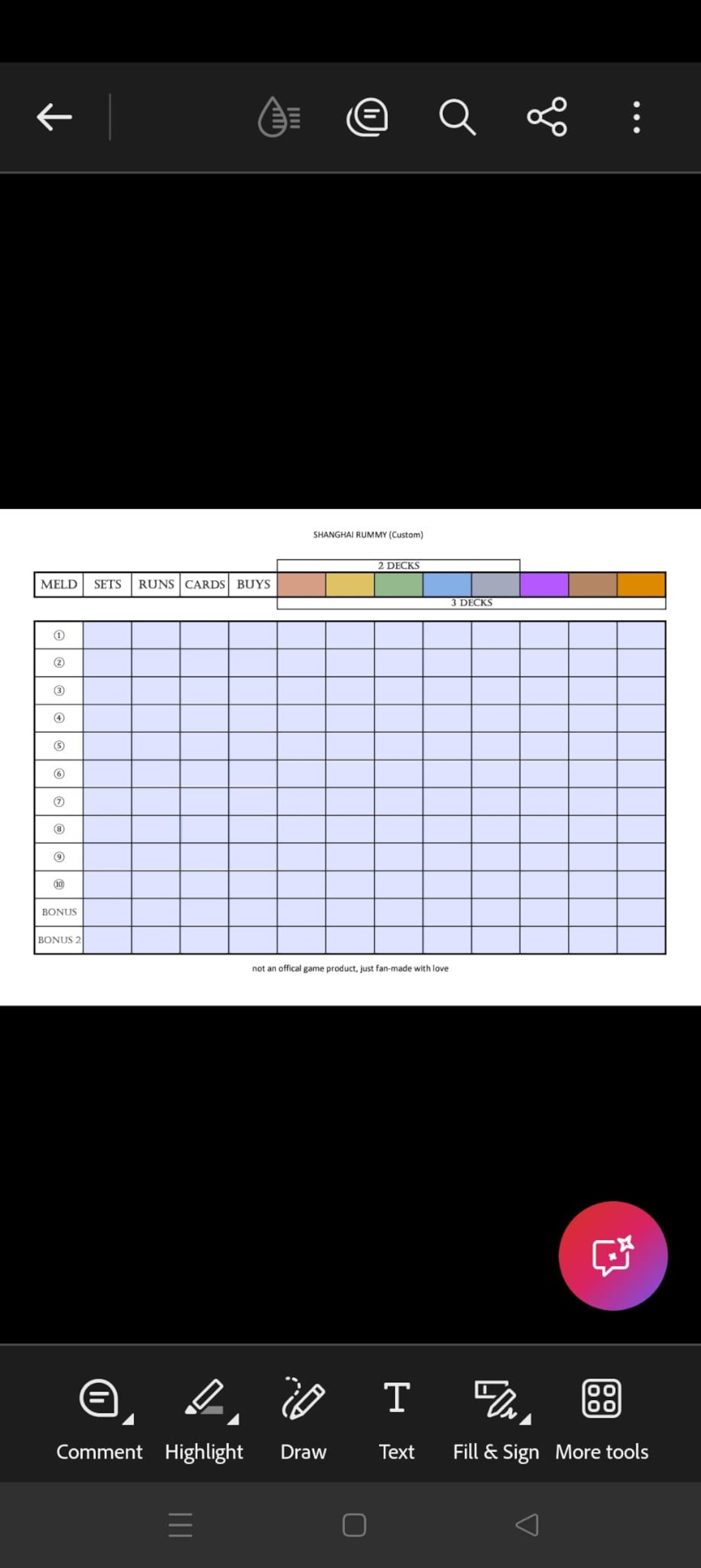 Shanghai Rummy Card Game Scoring Sheet: Editable on Mobile/tablet ...
