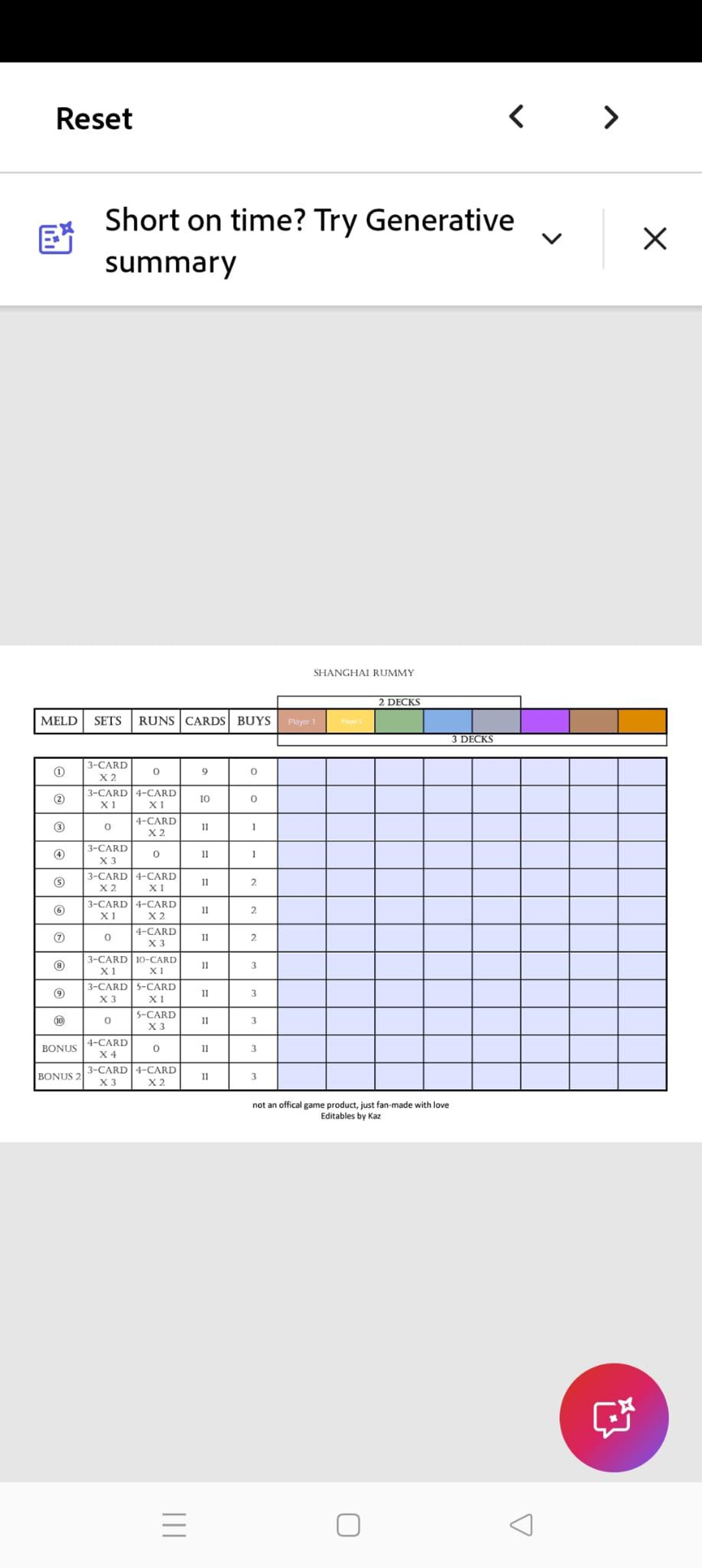 Shanghai Rummy Card Game Scoring Sheet: Editable on Mobile/tablet ...