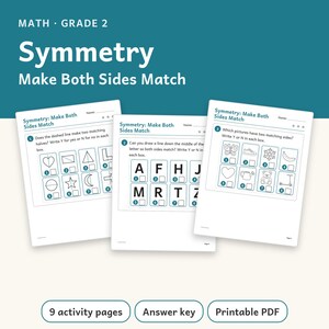 Pode incluir: Três folhas de exercícios educativas brancas para matemática do segundo ano intituladas Symmetry: Make Both Sides Match. As páginas apresentam desenhos de linhas pretas de formas, letras e objetos com caixas para escrever Y ou N para identificar simetria.