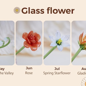 May include: Four glass flower sculptures: Lily of the Valley, Rose, Spring Starflower, and Gladiolus. Each flower is on a green stem. The text "Glass flower" is at the top. The months of the year are listed below each flower.