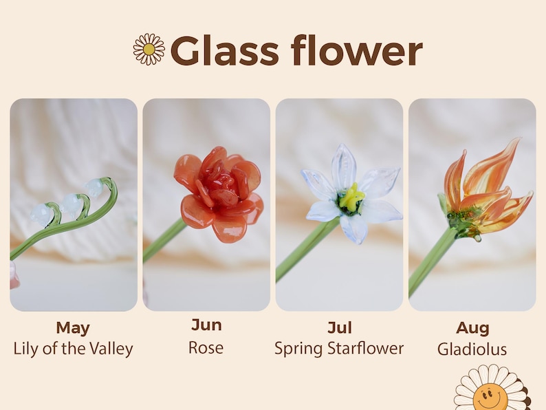 May include: Four glass flower sculptures: Lily of the Valley, Rose, Spring Starflower, and Gladiolus. Each flower is on a green stem. The text "Glass flower" is at the top. The months of the year are listed below each flower.