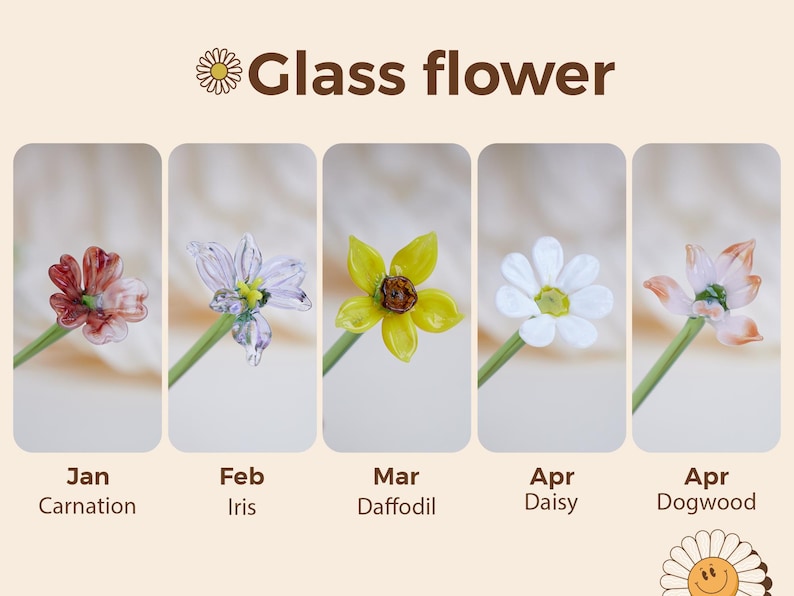May include: Five glass flower sculptures are displayed, each representing a month: January Carnation, February Iris, March Daffodil, April Daisy, and April Dogwood. The flowers are on green stems, with the text "Glass flower" at the top.
