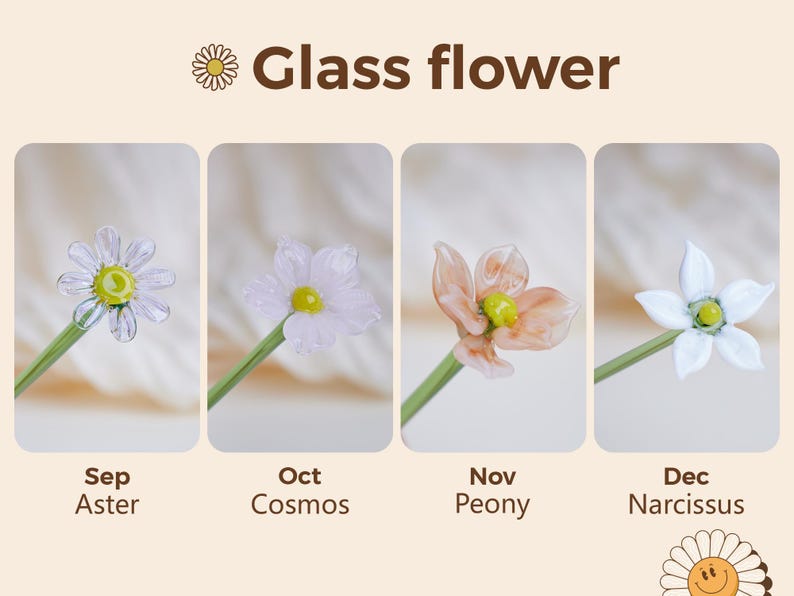 May include: Image of four glass flower designs: Aster, Cosmos, Peony, and Narcissus. Each flower is on a green stem, with the flower heads in clear, white, and peach tones. The text "Glass flower" is at the top.
